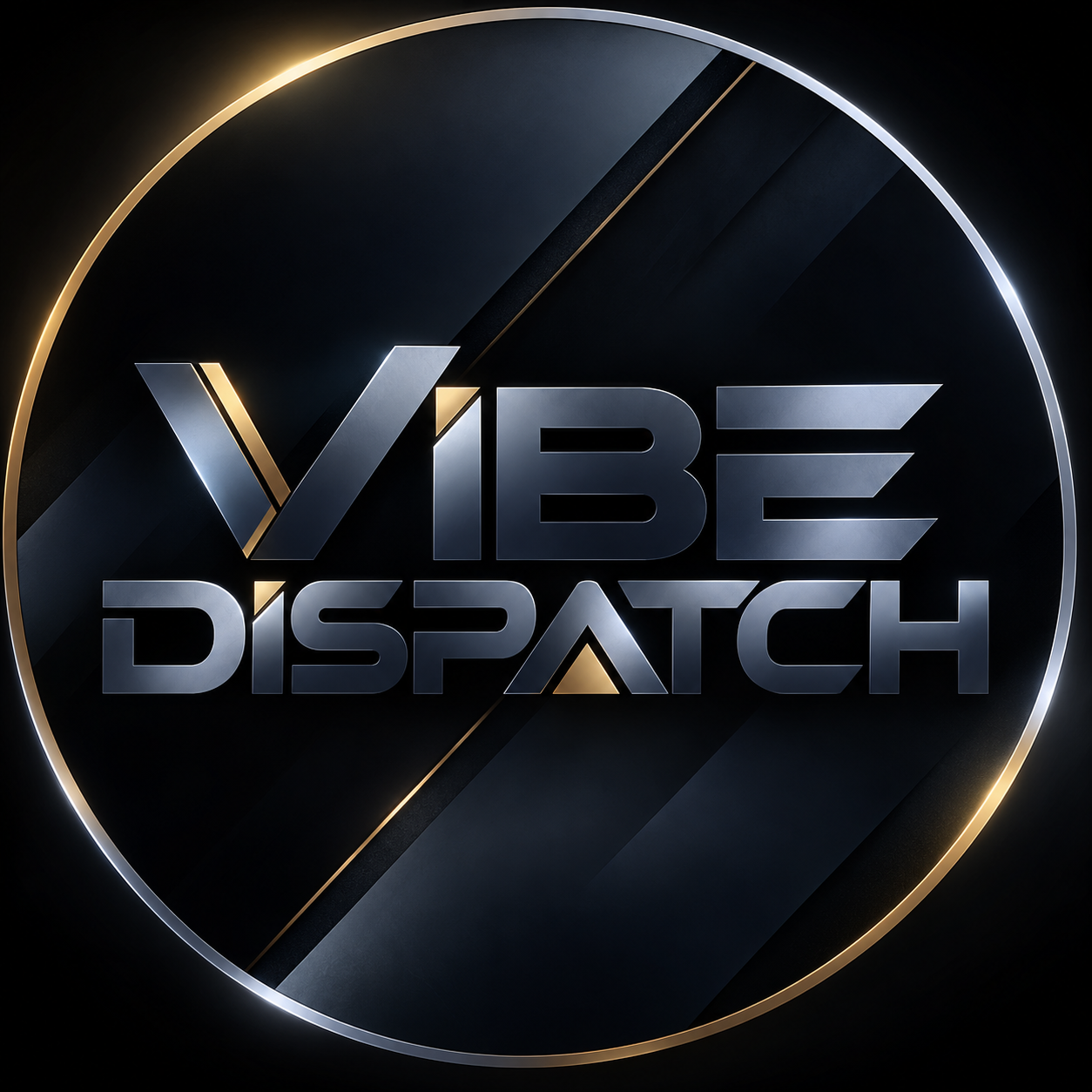 Vibe Dispatch metallic silver and gold circular logo